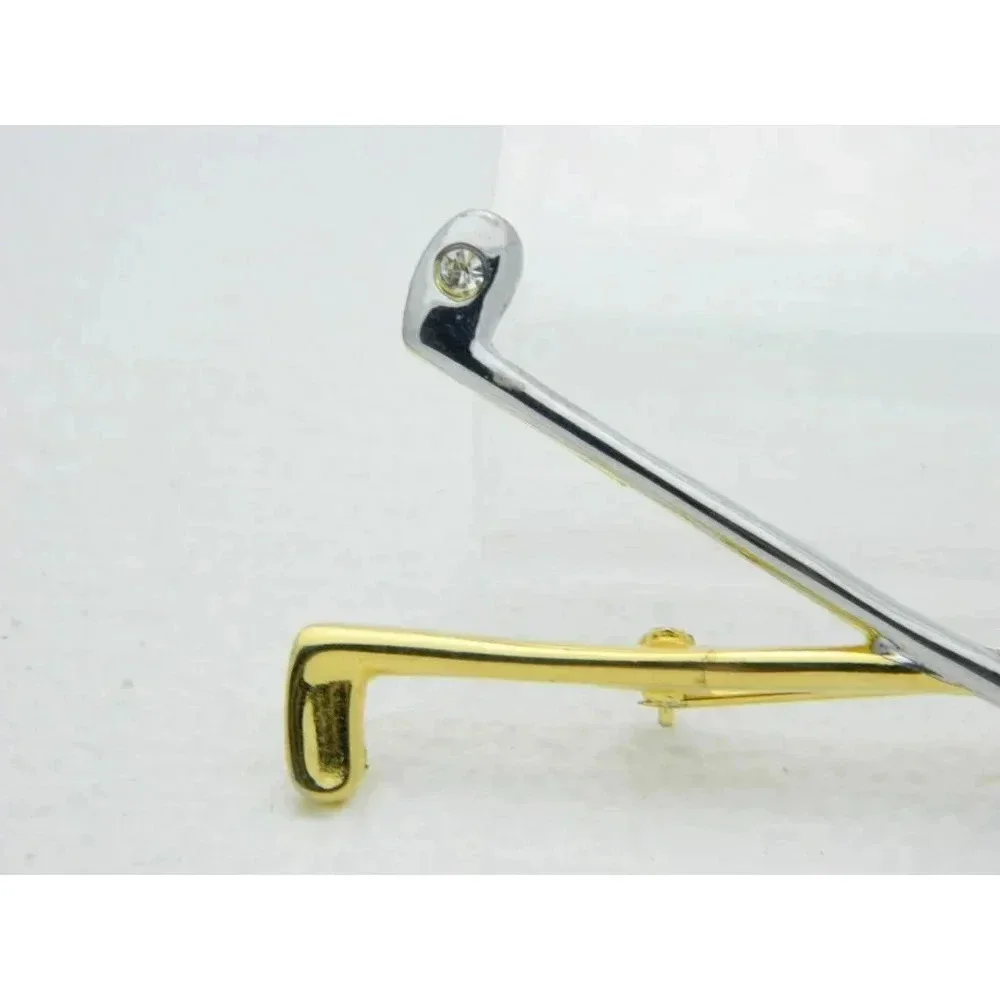 Vintage PAQUETTE Gold & Silver Tone Metal Golf Clubs Clear Rhinestone Pin Brooch